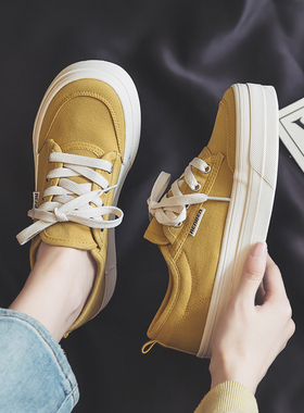 2026新款人本帆布鞋女韩版百搭圆头交黄色透气软底系带休闲鞋厚底