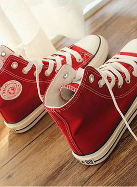 环球红色大码女士高帮帆布鞋女40 41 42 43韩版高邦鞋子平跟单鞋