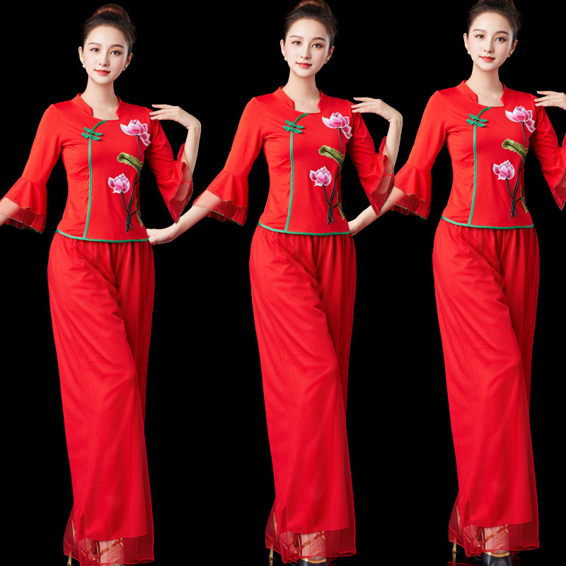 弹性面料正大红广场舞新款服装中老年健身比赛团体跳舞舞蹈服装