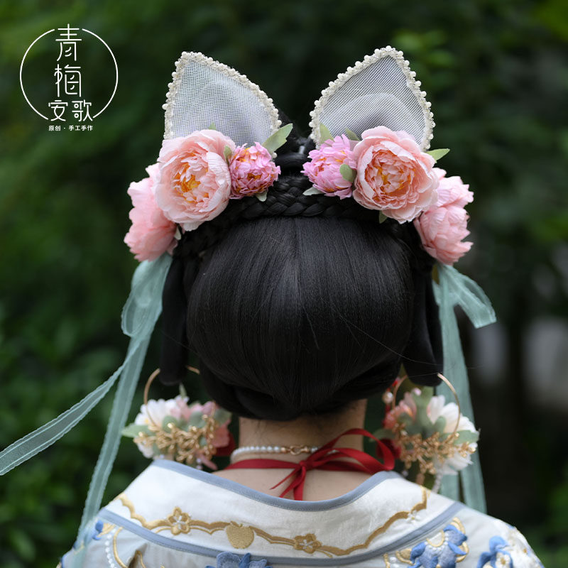 青梅安歌 花间舞 狐狸耳朵花发夹汉服cos配饰清新仙气对夹饰品