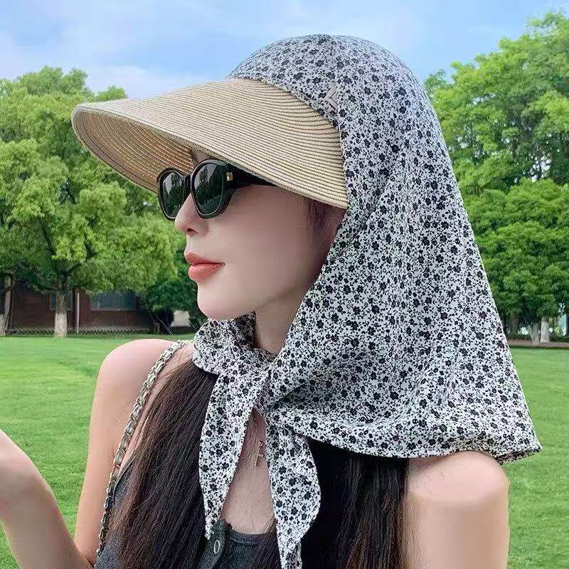 绑带丝巾草编防晒帽女夏季防遮发