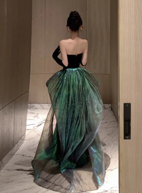 黑色拖尾抹胸晚礼服女高端精致复古丝绒气质宴会人鱼姬鱼尾连衣裙