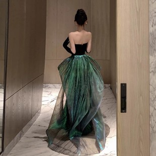 黑色拖尾抹胸晚礼服女高端精致复古丝绒气质宴会人鱼姬鱼尾连衣裙