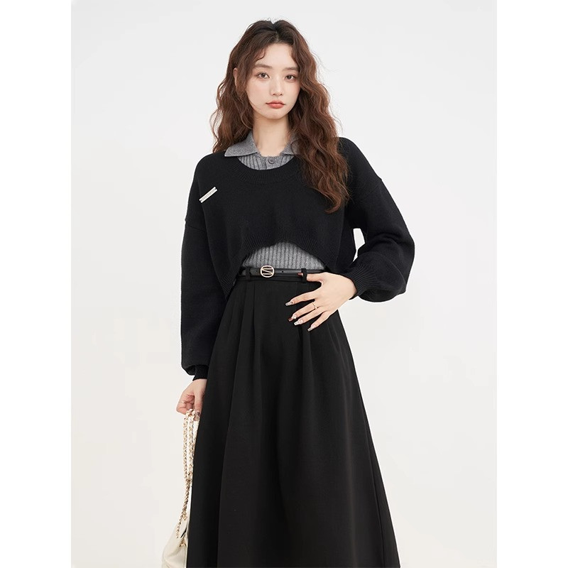 半口短款毛衣罩衫女设计感秋冬季早春穿搭一整套半身裙两件套仙气