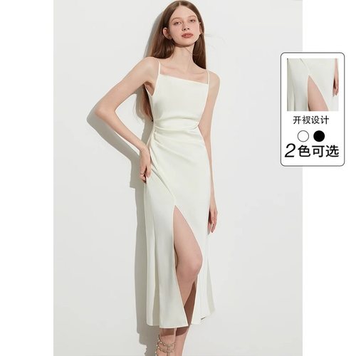 度假风ins奶油白开衩缎面吊带裙