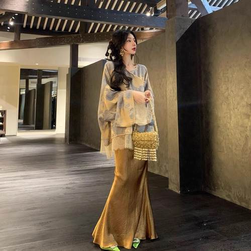 STUDIO【镜花瑶】国风新中式女装温柔抓绉醋酸缎面鱼尾半裙