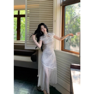 白桦林间 国风贵气修身新中式流苏拼接提花收腰旗袍裙夏
