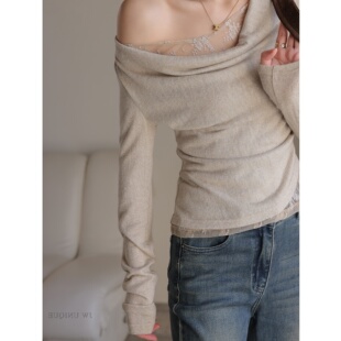 酒窝 随性松弛 蕾丝针织荡领打底衫假两件内搭修身上衣