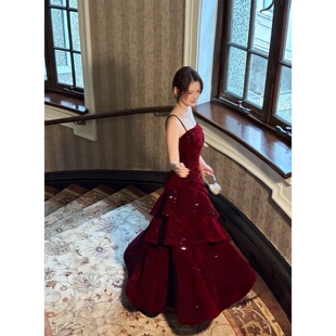 【法兰西热吻】法式红色丝绒细闪连衣裙荷叶边订婚礼服裙