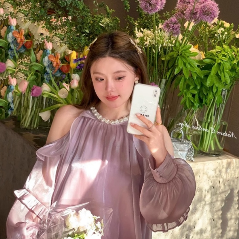 杨法式缎面露肩挂脖连衣裙女宽松仙女度假蓬蓬裙生日小礼裙小卷