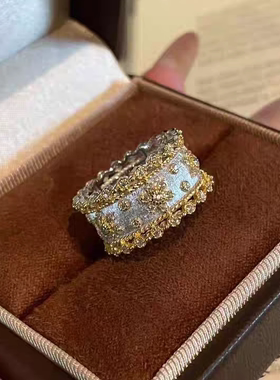 S925纯银！蕾丝双色戒指中古拉丝工艺意式美学宽版轻奢纯银戒指