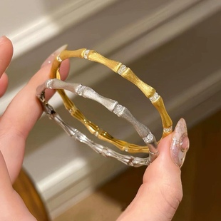 S925纯银!竹节手镯国风节节高中古拉丝工艺缎面镶钻轻奢小众纯银