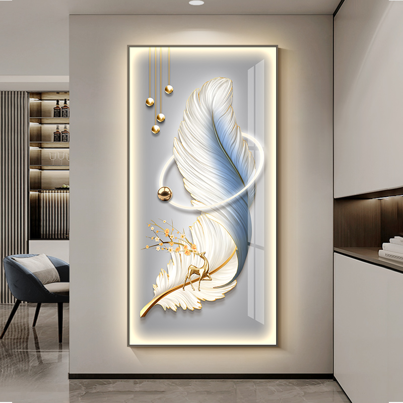 入户玄关装饰画高级感羽毛走廊尽头壁画led带灯壁灯走廊过道挂画