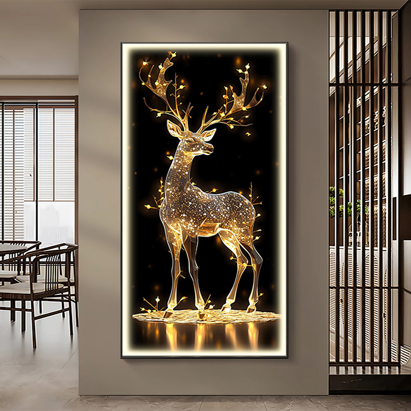 入户玄关装饰画进门走廊过道壁画带灯轻奢挂画发财鹿2024新款高端图片