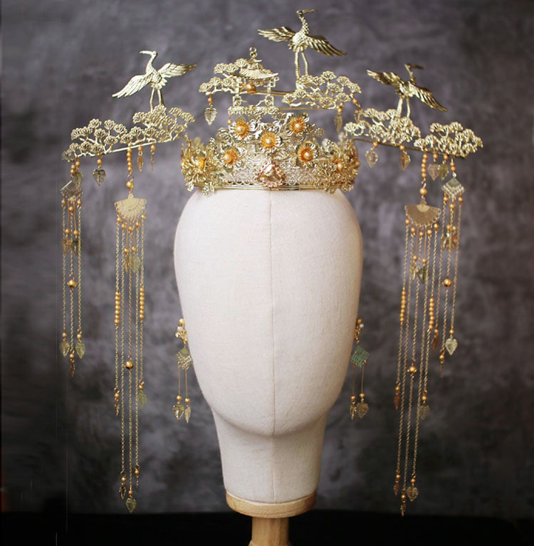 中式婚礼新娘头饰镀金凤冠古装仙鹤头冠古风汉服发冠秀禾服发饰品