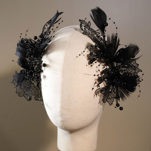 黑暗系哥特风黑色天使蕾丝羽毛高级感对夹礼服头饰影楼拍照边夹