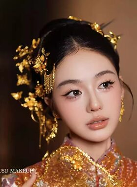 金色秀禾服头饰新娘侧边夹前额中式结婚龙凤褂发饰步摇小流苏发簪