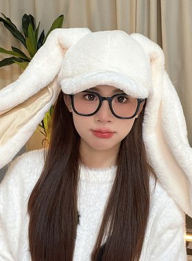 韩版时尚百搭甜美可爱长耳朵兔子毛绒帽女可拆卸保暖鸭舌帽秋冬潮
