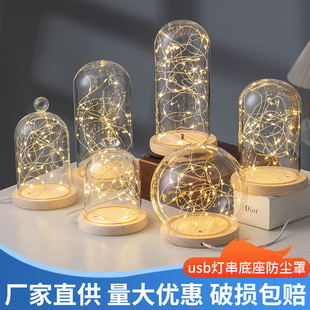 玻璃罩小夜灯发光灯串火树银花永生花玻璃罩展示盒透明手办防尘罩