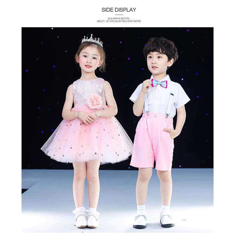 六一蓝色儿童演出服幼儿园男女童舞蹈蓬蓬裙男背带裤合唱表演服装