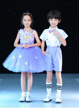 听我说谢谢你幼儿园六一紫色儿童演出服男女童蓬蓬裙合唱团表演服