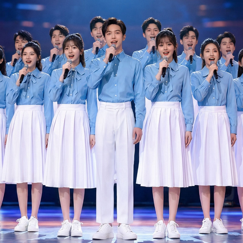 初高中学生爱国大合唱团朗诵演出服成人蓝色青春主持演讲服装班服图片