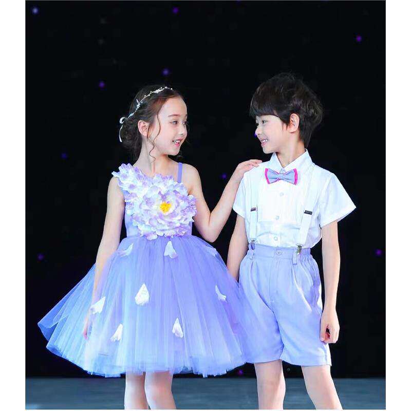 新款六一儿童节演出服装女童蓬蓬裙男童背带裤合唱服幼儿园表演服