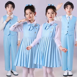 儿童合唱朗诵演出服女童中小学生爱国诗歌蓝色演讲比赛红歌礼服装