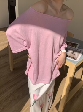 夏季薄款微透彩色中长款两穿斜肩上衣 宽松大版型丝光亚麻短袖T恤