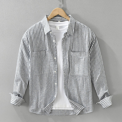 条纹衬衫男长袖宽松潮牌