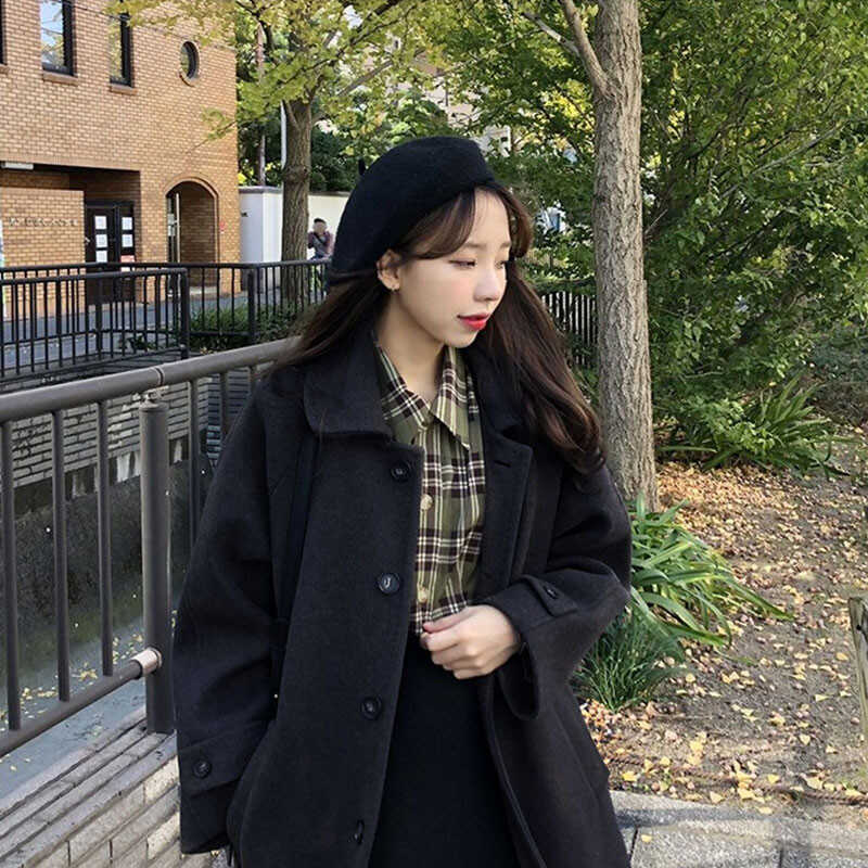 毛呢大衣黑色女廓形慵懒