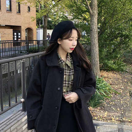 黑色慵懒女廓形soloki百搭复古松弛感毛呢大衣150cm格温公主加厚