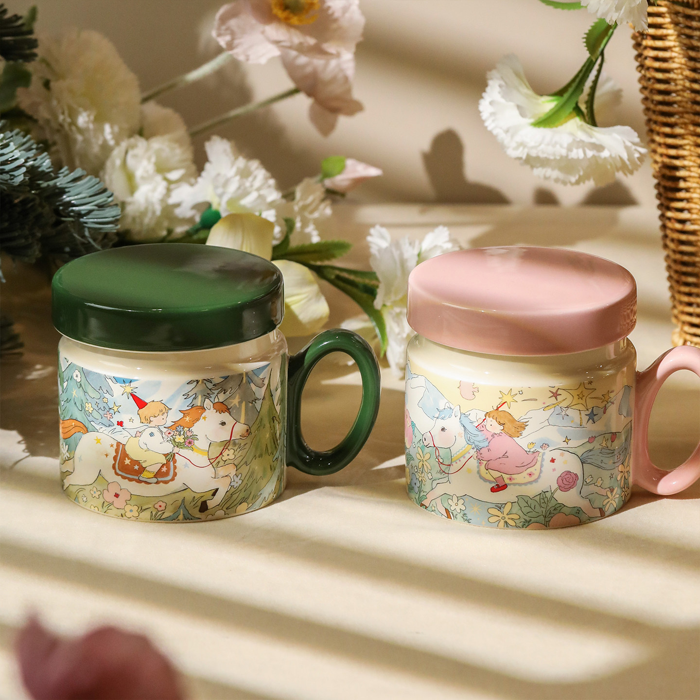 蓝莲花家居陶瓷杯子带盖家用喝水情侣水杯马年马克杯办公室早餐杯