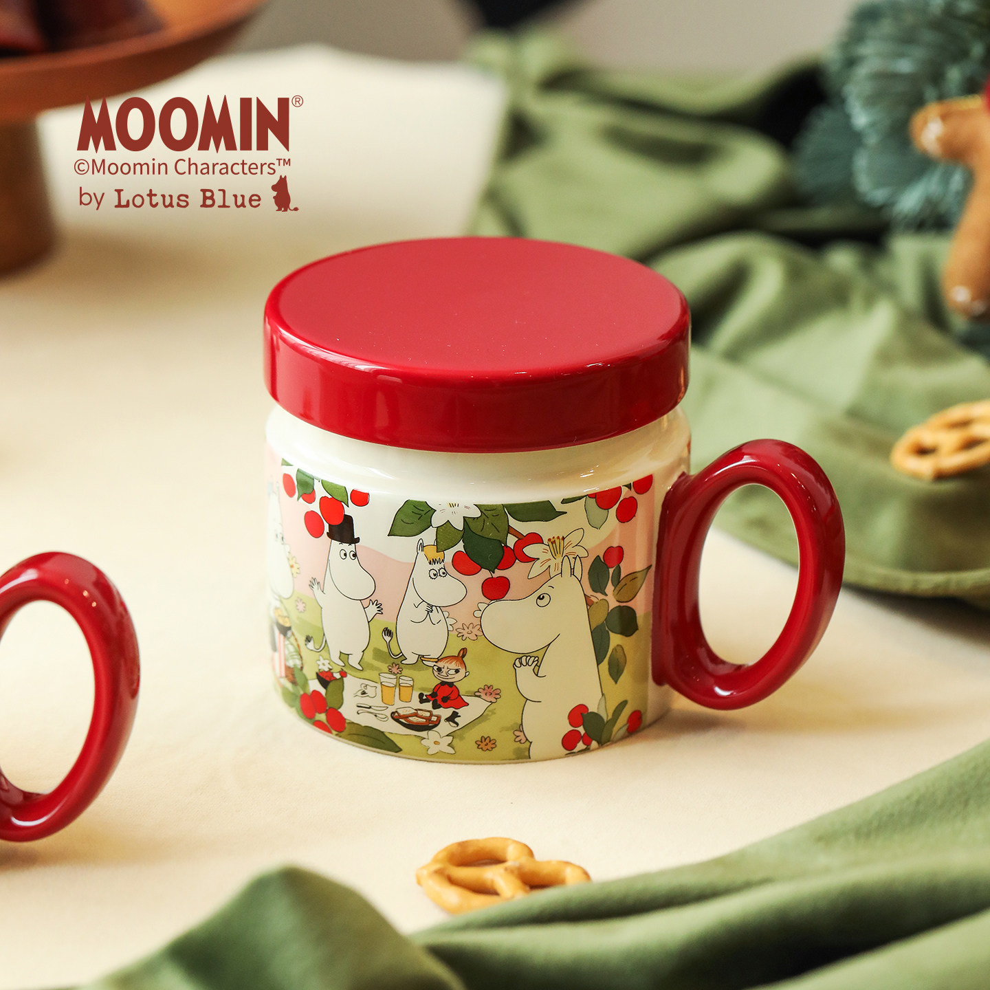 蓝莲花高颜值圣诞陶瓷带盖马克杯