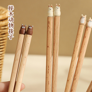 蓝莲花家居榉木卡通动物筷子儿童宝宝专用家用木快子可爱一人一筷