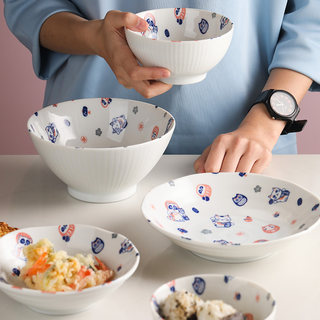 蓝莲花家居日式和风餐具陶瓷碗创意个性盘子家用可爱猫咪米饭碗
