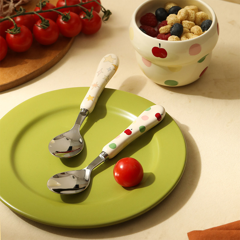 蓝莲花家居陶瓷柄不锈钢儿童餐勺创意甜品勺家用吃饭勺网红咖啡勺