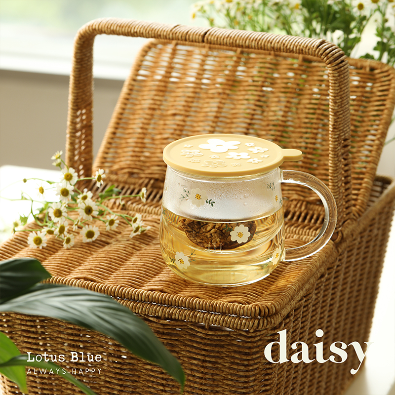 蓝莲花家居小雏菊玻璃杯茶水分离杯子办公室喝水杯带盖茶杯带把手