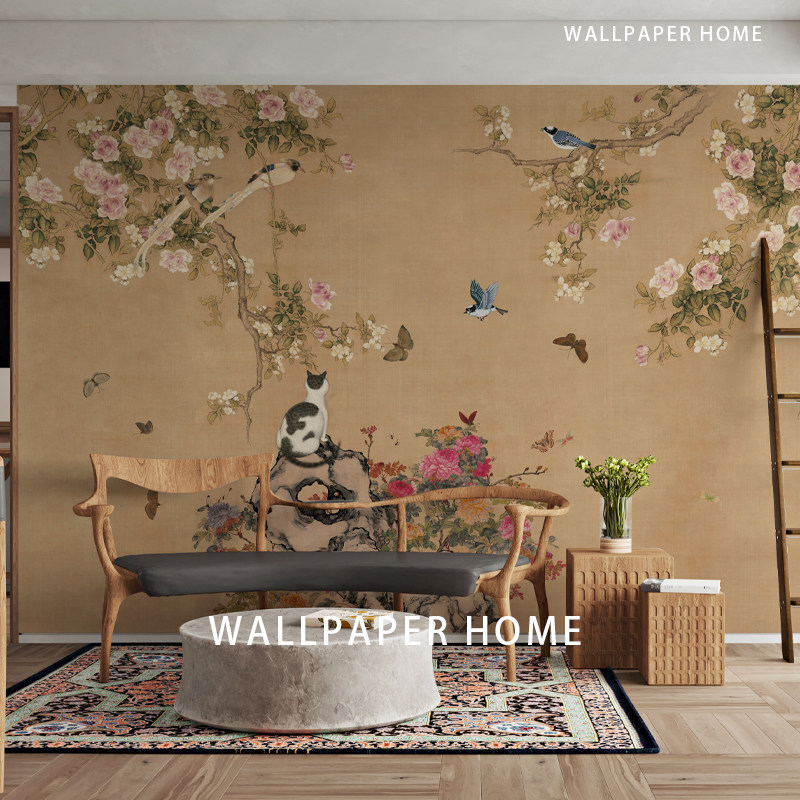 高端定制中古风宋式复古花鸟墙纸壁画餐厅客厅卧室背景墙壁布壁纸,家装主材,定制壁画,淘宝优惠券,粉丝福利购,淘宝优惠卷