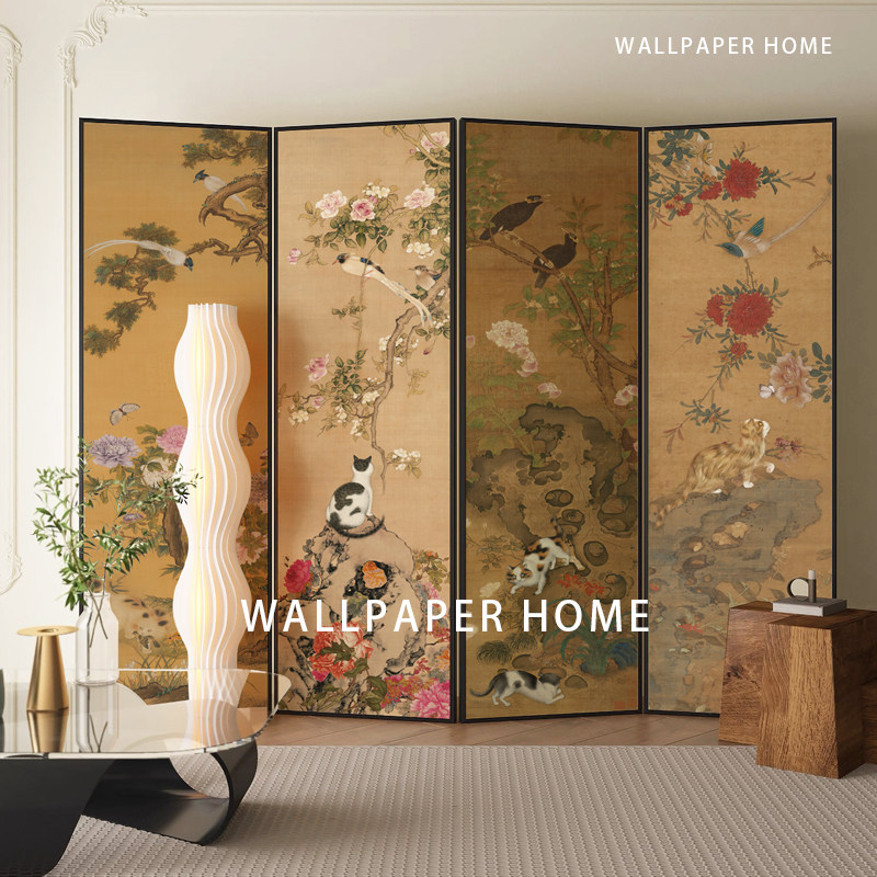 高端定制中古风DIY屏风墙纸新中式复古花鸟壁画背景古风自制屏风i