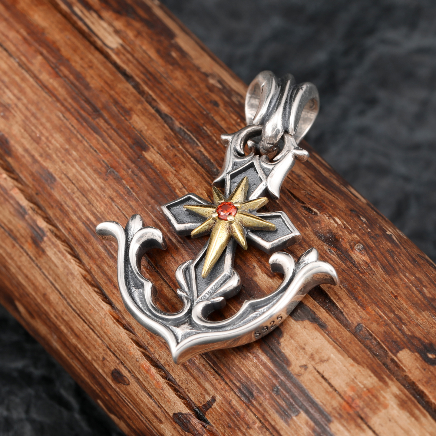 通体纯银航海家十字架船锚吊坠