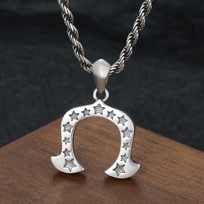 手工泰银做旧小众个性经典五角星马蹄铁潮男士S925纯银毛衣链吊坠