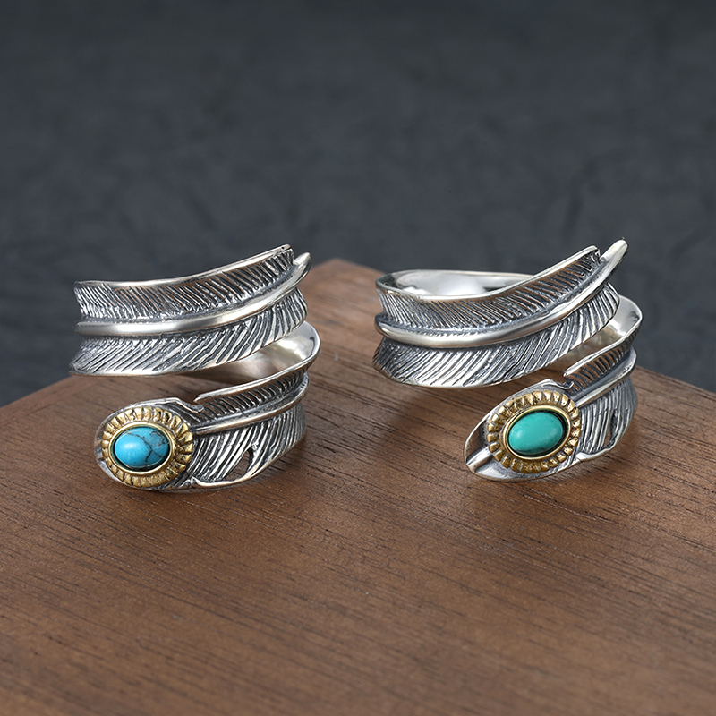 松石镶嵌高桥羽毛戒指男S925纯银潮流个性印第安风开口指环情侣戒