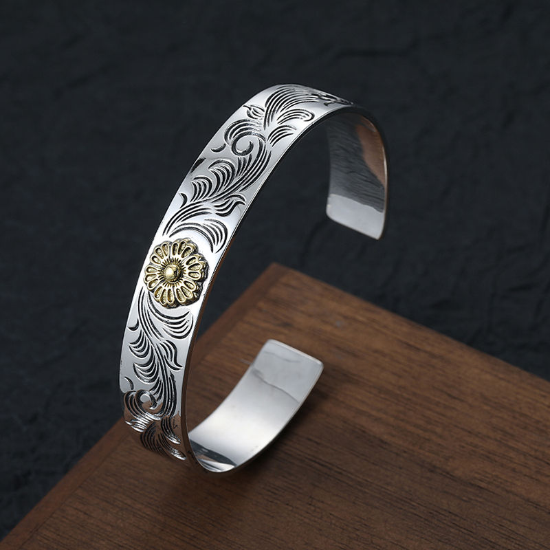 复古个性点金普薇花唐草纹宽面手镯男士开口可调节重工纯银手饰