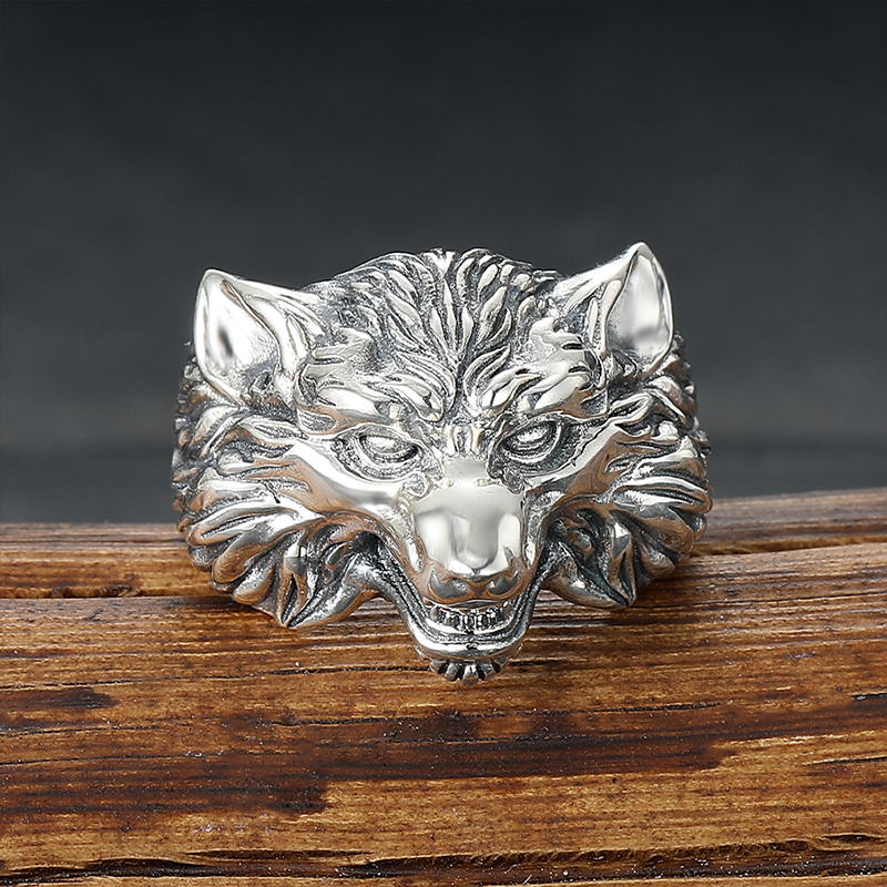 原创手工做旧S925纯银霸气狼头潮男士戒指开口可调节个性小众指环