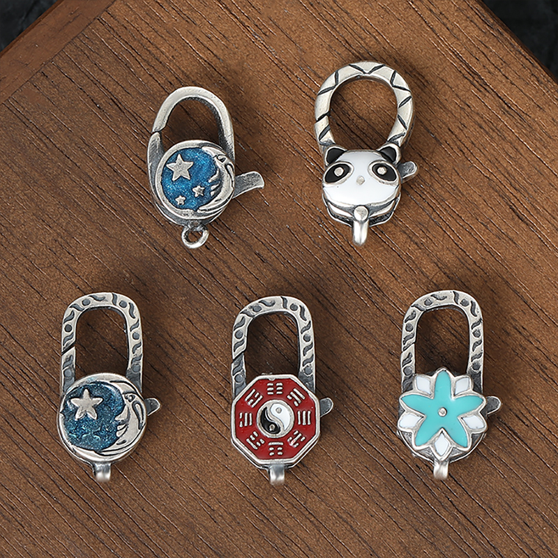 S925纯银手工diy泰银配件扣子个性八卦熊猫弹簧扣项链手链龙虾扣