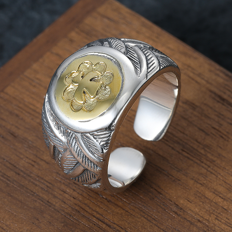 高桥纯手工錾刻点金飞鹰戒指开口可调节泰银复古做旧羽毛男士指环