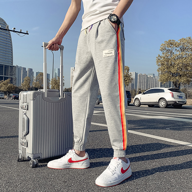 2021春夏新款彩虹条针织裤男韩版潮流休闲薄款运动裤修身束脚，男装休闲裤，电商A327