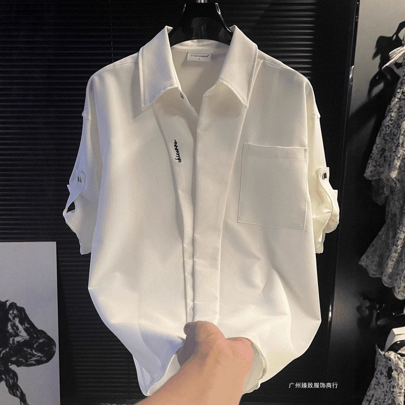休闲设计感上衣衬衫夏季痞帅短袖衬衣白色男装高级感潮流修身韩版