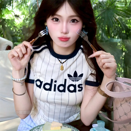 Adidas阿迪达斯三叶草女子夏季新款高腰条纹运动短袖T恤JC7705